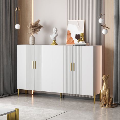 Aparador blanco mate con 4 puertas, estantes ajustables y detalles dorados 160x35x100 cm (1/5)