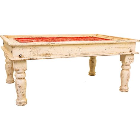 table basse en bois massif finition artisanale blanche et colorée - blanc patiné et plateau rouge sculpté (1/5)