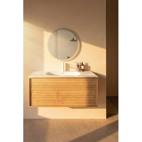 Meuble salle de bain suspendu BONNIE L100 x H46 x P50 cm couleur chêne clair BASS  + vasque encastrée avec trou robinet