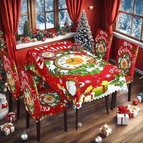 Ensemble de nappe et housse de chaise de Noël en soie de lait imperméable, imprimé, référence TC-83 (140 x 210 cm). (1/2)