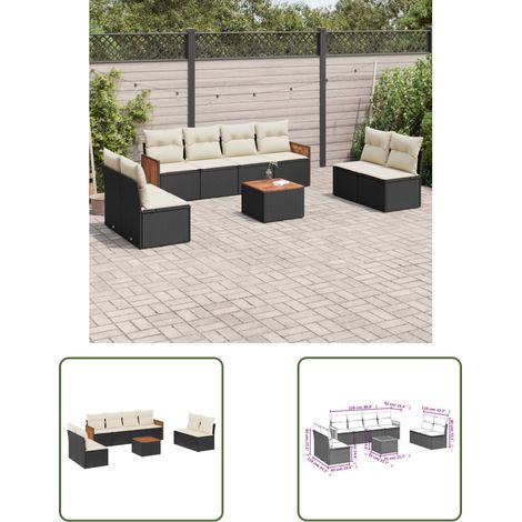 The Living Store 9-tlg. Garten-Sofagarnitur mit Kissen Schwarz Poly Rattan - Gartenmöbel - Outdoor Möbel - Rattan Gartenset - Lounge Set - Esstisch