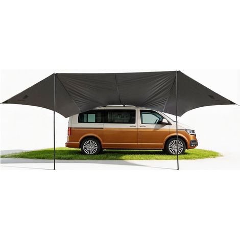 Voile d'ombrage de voiture 3,5 x 5,8 m - Étanche - 3000 mm - Grand auvent de voiture avec 2 barres - Toit pare-soleil imperméable pour camping de voiture, SUV, monospace, camping-car (gris) (1/5)