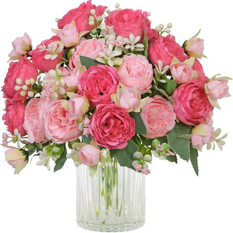 Lot de 2 Bouquets de Pivoines Artificielles en Soie pour Fête de Mariage, Centre de Table Décoration D'intérieur (Rose rouge)