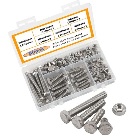 80pcs vis,acier inoxydable 304,tête hexagonale m6,écrous assortiment,réparation mécanique (1/5)