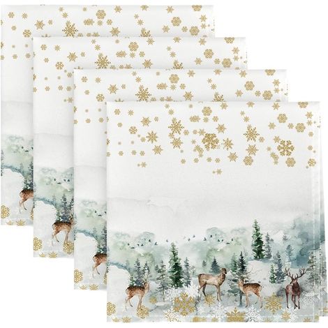 Lot de 4 serviettes de table en tissu avec flocons de neige dorés, arbres et cerfs de Noël, 45 x 45 cm, serviettes réutilisables pour table de fête, décoration de cuisine hivernale (1/5)