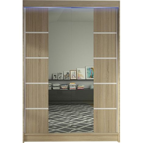 Armario Closico 151, Roble Sonoma, 200x120x58cm, Puertas de armario: Correderas, Número de estantes: 5, LED (1/4)