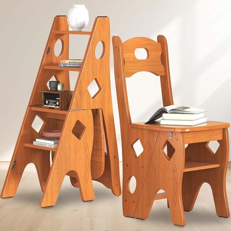 Chaise de bibliothèque pliante en bois massif - Tabouret pliable à 4 marches - Charge maximale : 180 kg - 4 marches d'escalade - Support d'exposition - Marron - 46 x 34 x 87 cm (1/5)