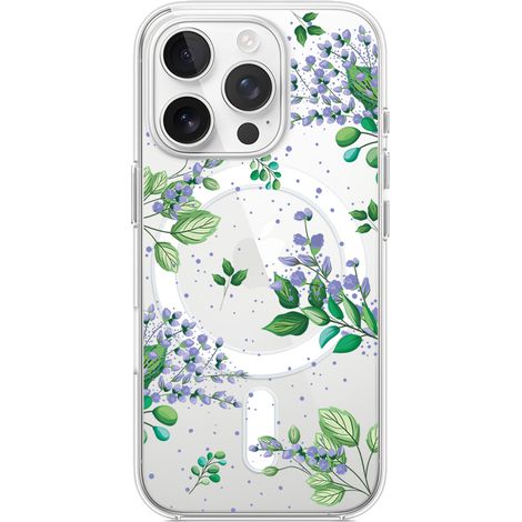 Custodia per iPhone 16 Pro Max con MagSafe, trasparente, flessibile in silicone, fiori viola (1/5)