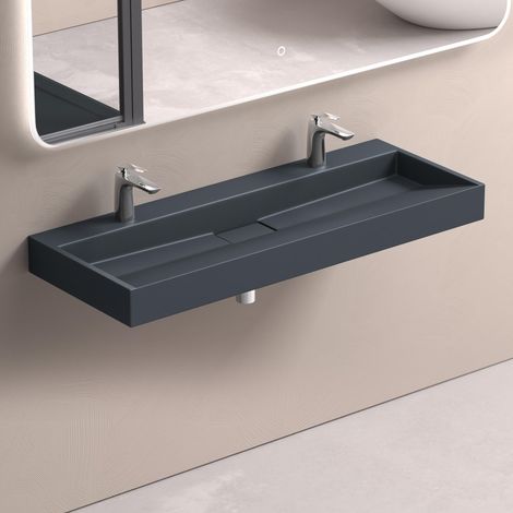 doporro Lavabo da Appoggio Bagno Sospeso Lavandino Rettangolare in Marmoresina con Piletta di Scarico Inclusa Colossum19, 120x46x11 cm Antracite Opaco 2 Fori per Rubinetto