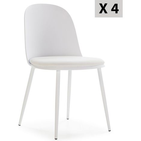 Vs Venta-Stock – Lot de 4 chaises Kana blanches – Assise rembourrée en cuir synthétique – Pieds en métal avec patins anti-rayures – Design moderne (1/5)