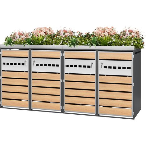 CHICFURN Cubrecontenedores 132x80x124,5 cm acero galvanizado gris efecto madera con jardinera