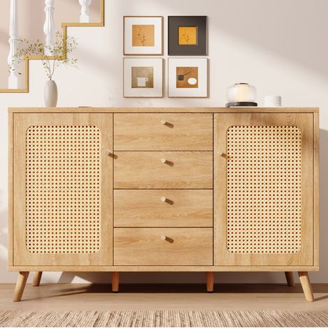 FLORAGRACE Buffet bas 140x40x86 cm en bois brun clair avec 4 tiroirs et 2 portes, meuble de rangement style résine tressée, étagères réglables (1/5)