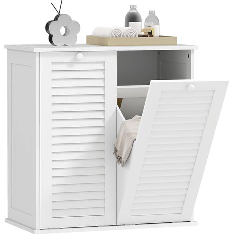 Wäscheschrank, Badschrank mit 2 Wäschekörben, Badezimmerschrank mit Griffen, Lamellentüren Wäschesammler Badmöbel für Badezimmer 70 x 38 x 73 cm Weiß (1/5)