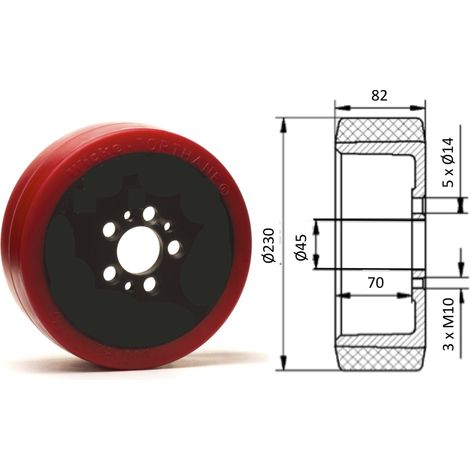 Roue motrice 230 x 82 - 5 trous REDTHANE®. ( Jungheinrich 63215600 - R )