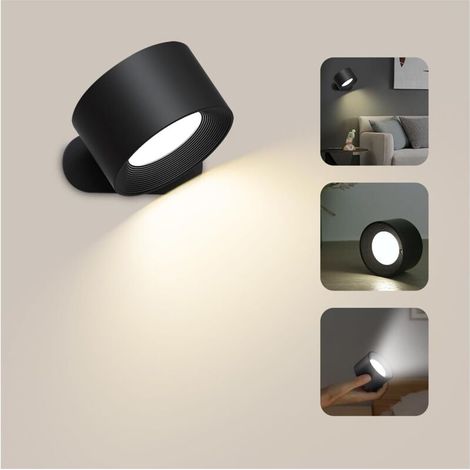 Applique Murale Interieur, Lampe Murale Touch LED avec Port de Charge USB Contrôle Tactile, 3 Niveaux de Luminosité 3 Températures Rotatifs 360° Lampe 1 Pièce (Noir) [Classe énergétique G] (1/5)