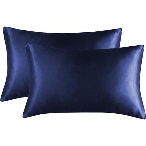 Ensemble de 2 taies d'oreiller haut de gamme bleu marine — Taies d'oreiller en soie double face (spécialement conçues pour le soin de la peau et des cheveux) — Lavables, design « Luxe léger » (50 x 66