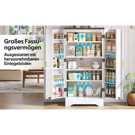 Armoire de cuisine avec éclairage par LED et étagère pour les épices. Grande armoire à deux portes, dotée d’étagères réglables et d’un design moderne. Couleur blanche. Dimensions : 120 x 60,5 x 40 cm (1/5)