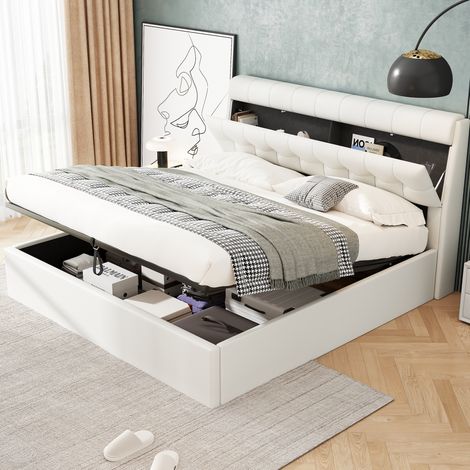 MEUBLIV Lit 140x200 cm blanc – coffre hydraulique avec tête de lit, sans matelas (1/5)