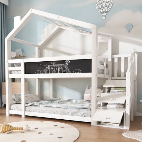 (=891234AAW) Letto a castello per bambini 90 x 200 cm, con camino, contenitore e protezione anticaduta, bianco, rete a doghe inclusa (materasso non incluso)
