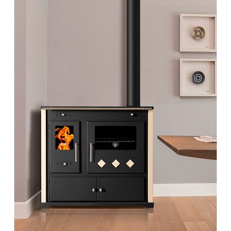 Prometey – Cuisinière à bois 9,5 kW avec plaque en céramique – Classe A+ – Surface de chauffe 40-100 m² – Panneaux ivoire vernis (1/5)