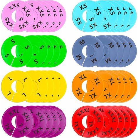 Set of 40 round colored plastic garment size dividers for wardrobe, 8 assorted colors, pre-printed in 8 sizes XXS to XXXL (outer 9 cm, inner diameter 3.5 cm) (1/5)