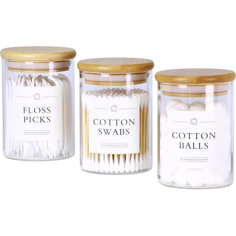 Support Qtip - Bocal Verre avec Couvercle en Bambou - Pour Cotons-Tiges et Cotons Boules - Lot de 3 (1/5)