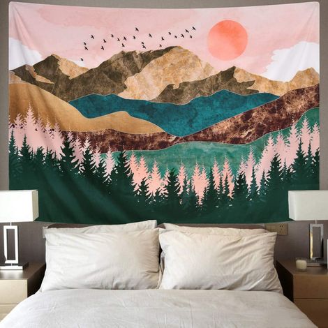 Tenture murale 230x180cm, paysage coucher de soleil forêt arbre montagne, décoration psychédélique nature, tapisserie murale pour salon chambre. (1/5)