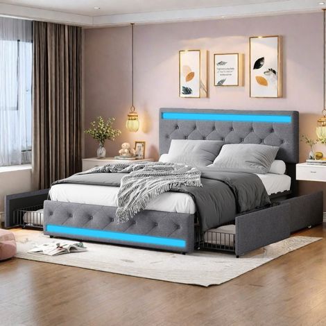 Lit 140x190 avec sommier et rangement, led lit avec tête de lit réglable, usb ports et 4 tiroirs, pour adultes et ados, gris lin lit rembourrée (1/5)