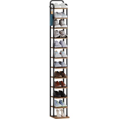 Étagère à Chaussures Verticale à 12 Niveaux, Tour à Chaussures pour Petits espaces, autoportante, réglable, Gain de Place, Marron Rustique et Noir (1/5)