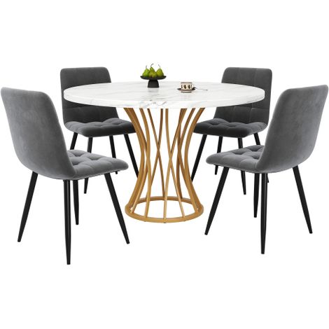 Ensemble de table à manger (5 pièces), Ensemble de table à manger avec 4 chaises, Ensemble de table de cuisine moderne, table de cuisine ronde de 80 cm de diamètre, pieds en métal doré