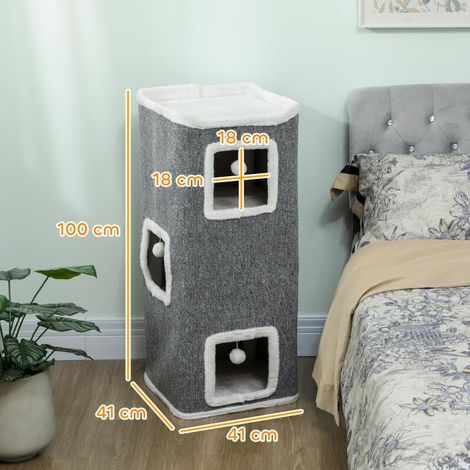 Tour chat 4 niveaux, arbre à chat stable, balles jeu, plateforme haute, peluche douce gris (1/5)