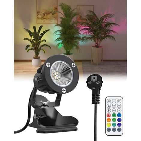 TobeBright 6W RGB LED Spot à Pince avec Télécommande, 15 Lumières RGB + Blanc Chaud 3000K, IP65 Résistant à l'Eau pour Intérieur et Extérieur, Lampe à Pince avec 1,78m Câble et Fiche (1/4)