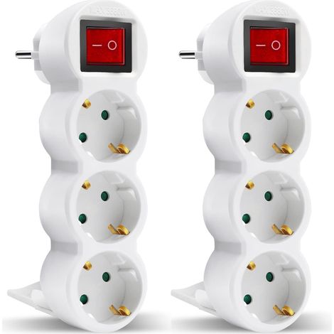 EXTRASTAR Adattatore piatto 3 in 1 con interruttore e tre prese Schuko, fino a 3680 W, 16 A, 250 V, bianco, 2 pezzi (1/4)