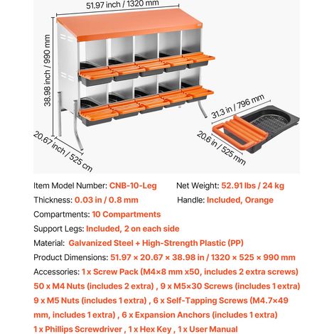 VEVOR Chicken Nesting Boxes, 10 Compartments, with Support Legs, Easy Egg Collection, Galvanized Steel and High-Strength Plastic, Roll Away Nesting Boxes for Chickens and Hens Laying Eggs, Orange (1/4)