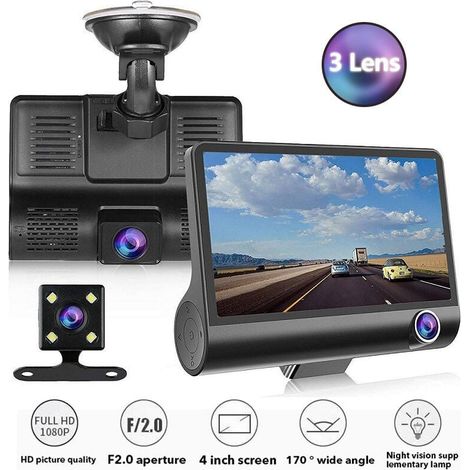 Dashcam pour voiture 3 cameras , Full HD, 1080P, double objectif, ecran LCD de 4.0 pouces, avec vue arriere a 170 degres,