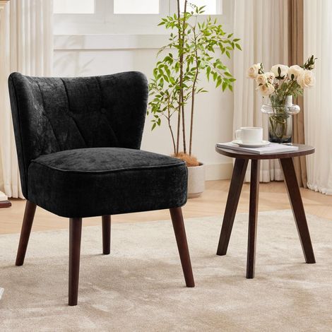 Fauteuil crapaud velours noir, assise confortable, pieds bois, 130kg (1/5)