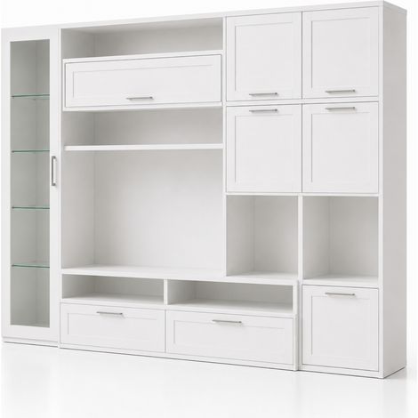 Parete Attrezzata Soggiorno Con Vetrina 6 Ante Battenti E 3 Ribalte Ampio Mobile Porta TV Con Ripiani Design Moderno Zona Living Elegante Minimal Funzionale 300 x 50 x 215 Cm Bianco (1/5)