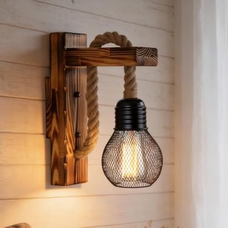 Applique Murale Intérieure en Bois, Lampe Murale LED Lampe Suspension, Vintage Lampe, LED Applique Rétro, Industrielle E27 Luminaires pour Couloir Chambre Café Grange Restaurant (Ampoule non Incluse) (1/5)
