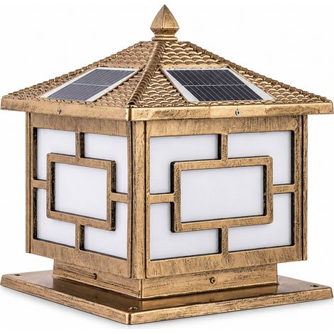 Lampe Solaire de Pilier Extérieure Étanche, Aluminium Cuivre Antique, Alimentation Solaire et Secteur, 4 Couleurs de Lumière (1/5)