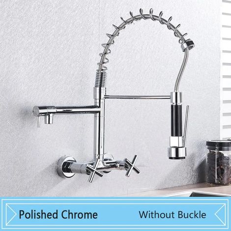 (Chrome sans boucle) Robinet de cuisine noir à double poignée, mitigeur eau chaude/froide mural, double bec pivotant, douchette extractible à ressort (1/5)