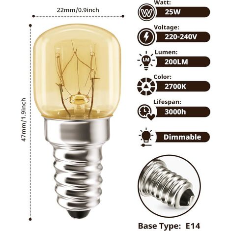 Ampoule four 25W E14 350 Degres, ampoule à incandescence blanc chaud 2700K, 230V, dimmable, ampoule frigo, four, four à micro-ondes, réfrigérateur et congélateurs 4 Unité (1/4)