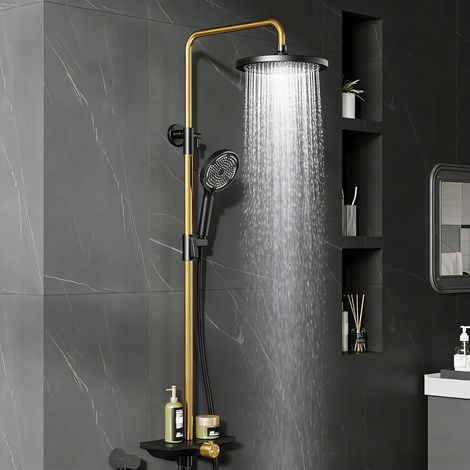 Ensemble de robinetterie de douche pour salle de bains, comprenant douchette/pomme de douche effet pluie, mural, avec étagère.AMORLY (1/5)
