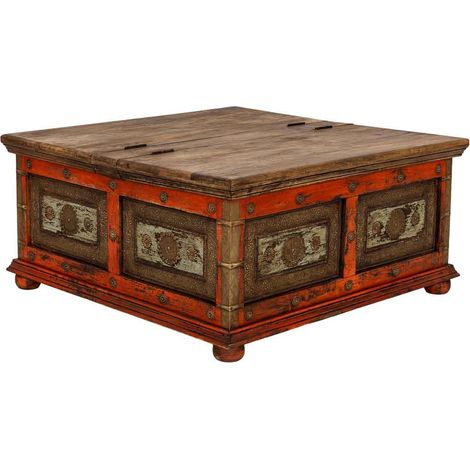 Mesa de centro de madera artesanal roja 100x100x47h cm