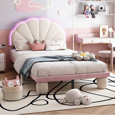 Cama infantil tapizada 90/200 cm beige y rosa de terciopelo con LED multicolor (1/5)
