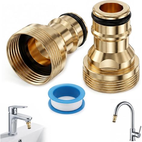 2 Pcs Adaptateur Robinet Tuyau Arrosage en Laiton, Raccord Rapide Universel 22mm 24mm avec Ruban PTFE, Connecteur Embout Robinet Cuisine Salle de Bain pour Jardin (1/5)