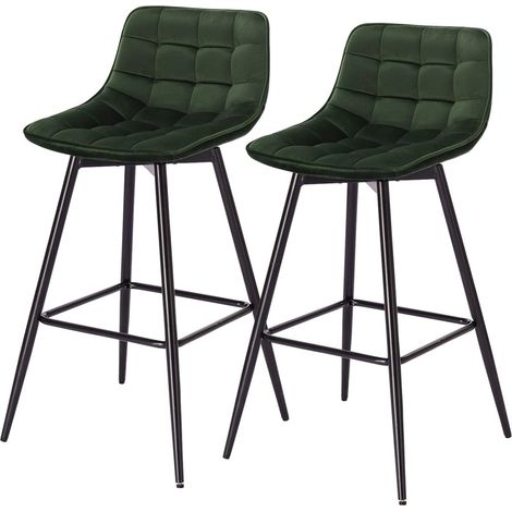 Woltu – Tabouret de bar 2 pièces en velours vert foncé – Siège rembourré 43 x 35,5 cm – Hauteur d'assise 64 cm – Cadre métal robuste avec repose-pieds ergonomique (1/5)