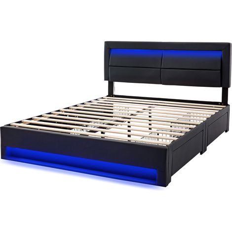 Cama tapizada 140 x 200 cm con USB, LED y 4 cajones, PU negro, sin colchón, HOMVRA (1/5)