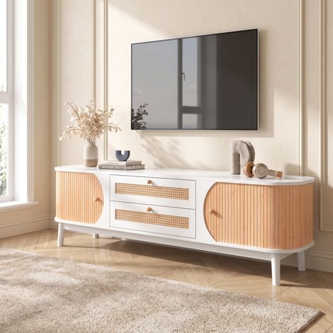 Meuble TV 170 cm avec Portes et Tiroirs en Rotin, Banc TV de Rangement, Pieds en Bois Massif, Style Maison de Campagne, Blanc et Bois (1/5)