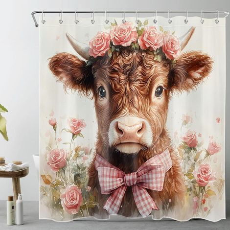 Vache Mignonne Rideaux de Douche 240x175cm Rose Rose Fleur Plantes Vertes Rideaux de Bain avec Crochets,Ferme Brun Animal Extra Large Imperméable Polyester Anti Moule Salle de Bain Décor (1/5)