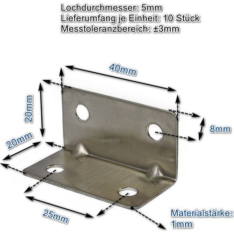 Edelstahl Winkel 20 x 20 x 40 mm VE 10 Stück Lochwinkel Montagewinkel Verbinder